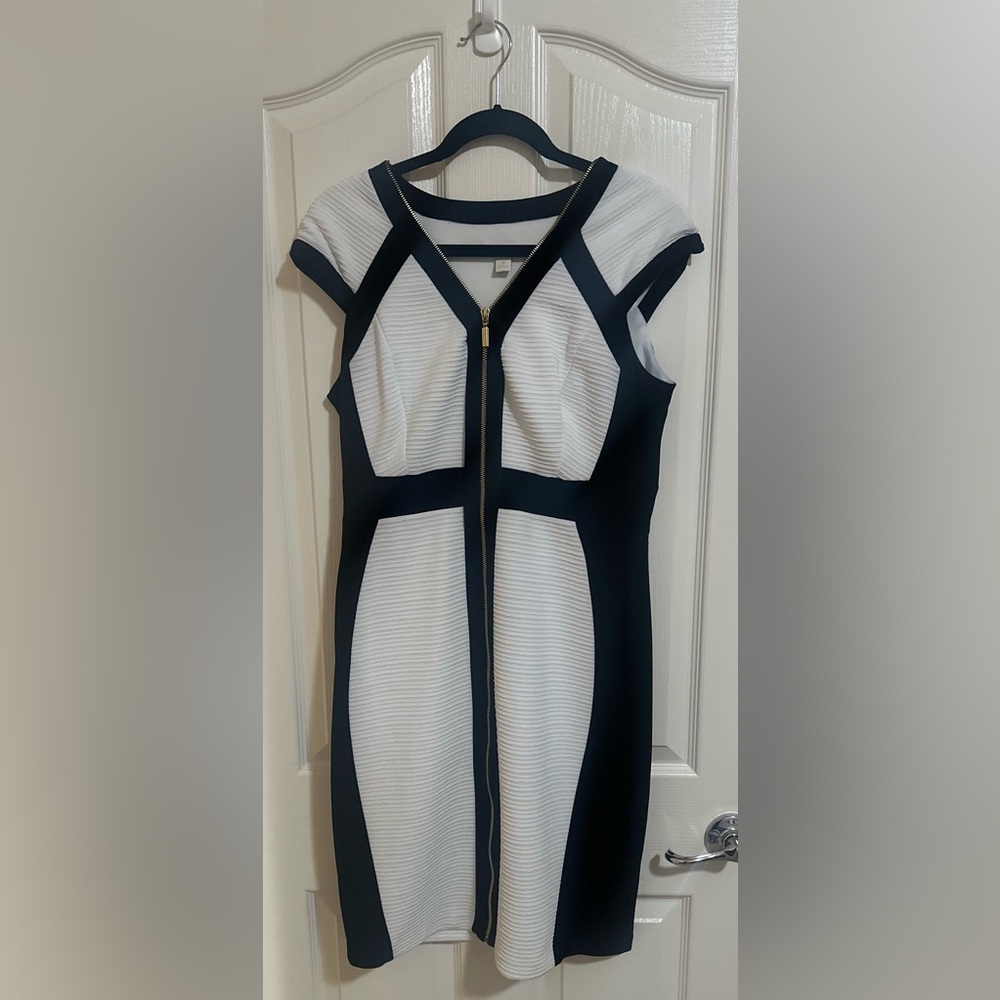 Women’s Vintage CACHE Black White Bodycon Zip Y2K Midi Party Colorblock Dress 12